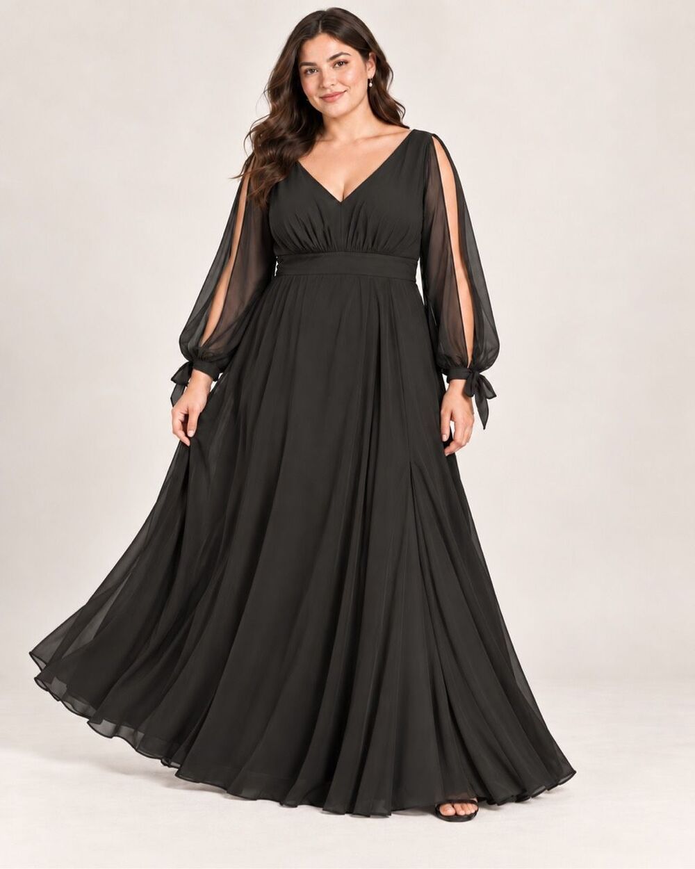 Azazie Black Chiffon Maxi Dress Sz A14 Long Sleeve V Neck Formal Bridesmaid Gown